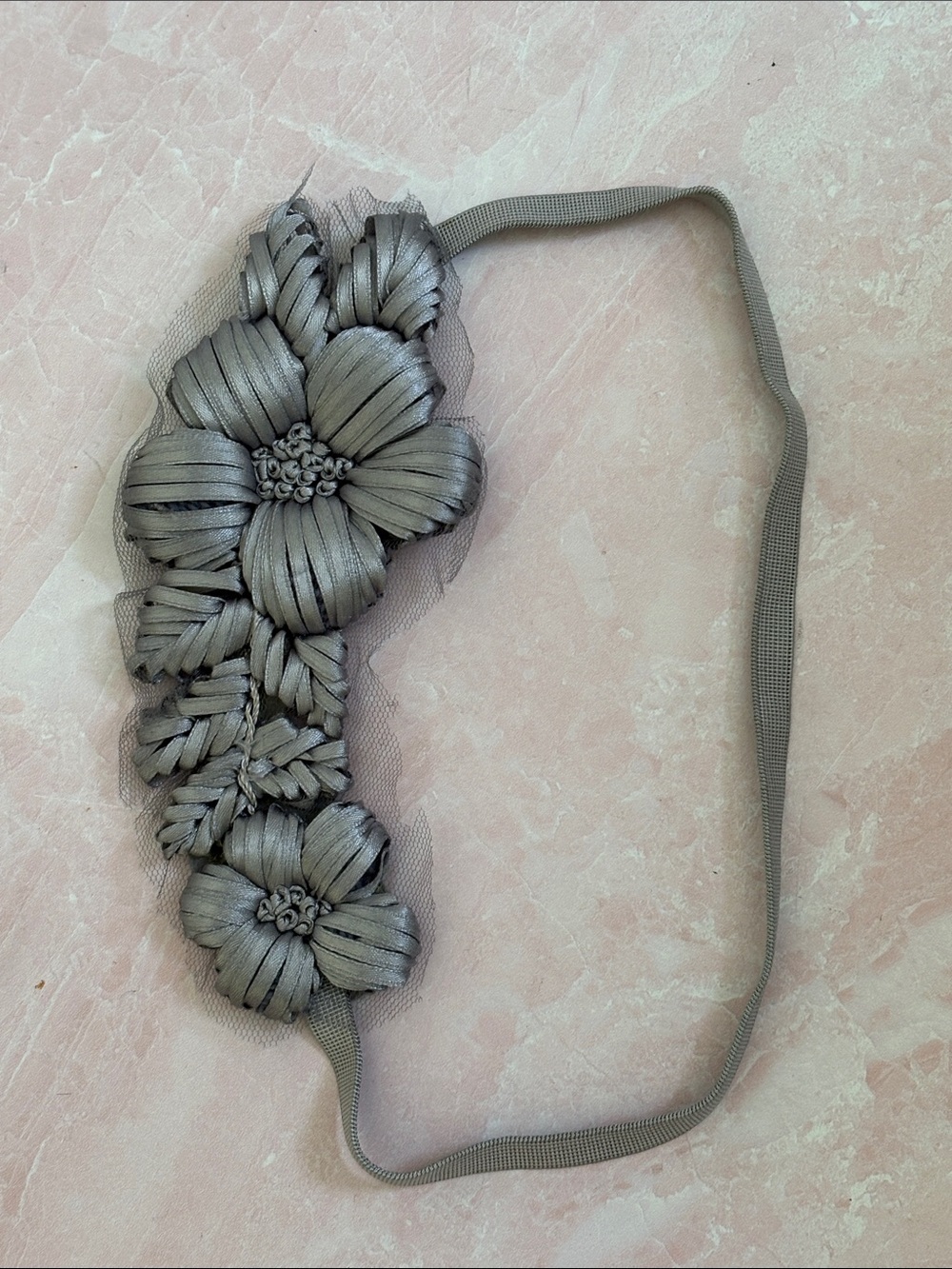 Women's Gray Floral Elastic Headband with Ribbon Flowers